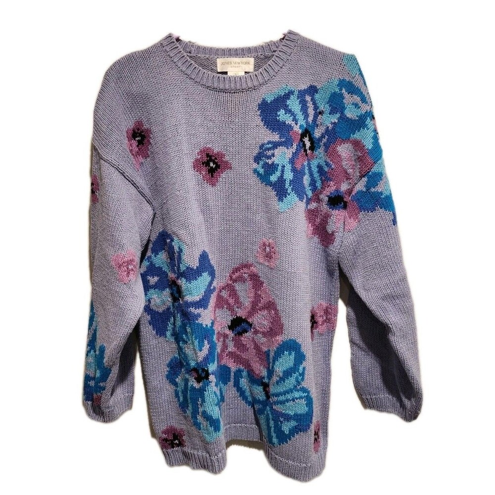 Vintage 80s Jones New York Sport Floral Knit Sweater Purple Size Large